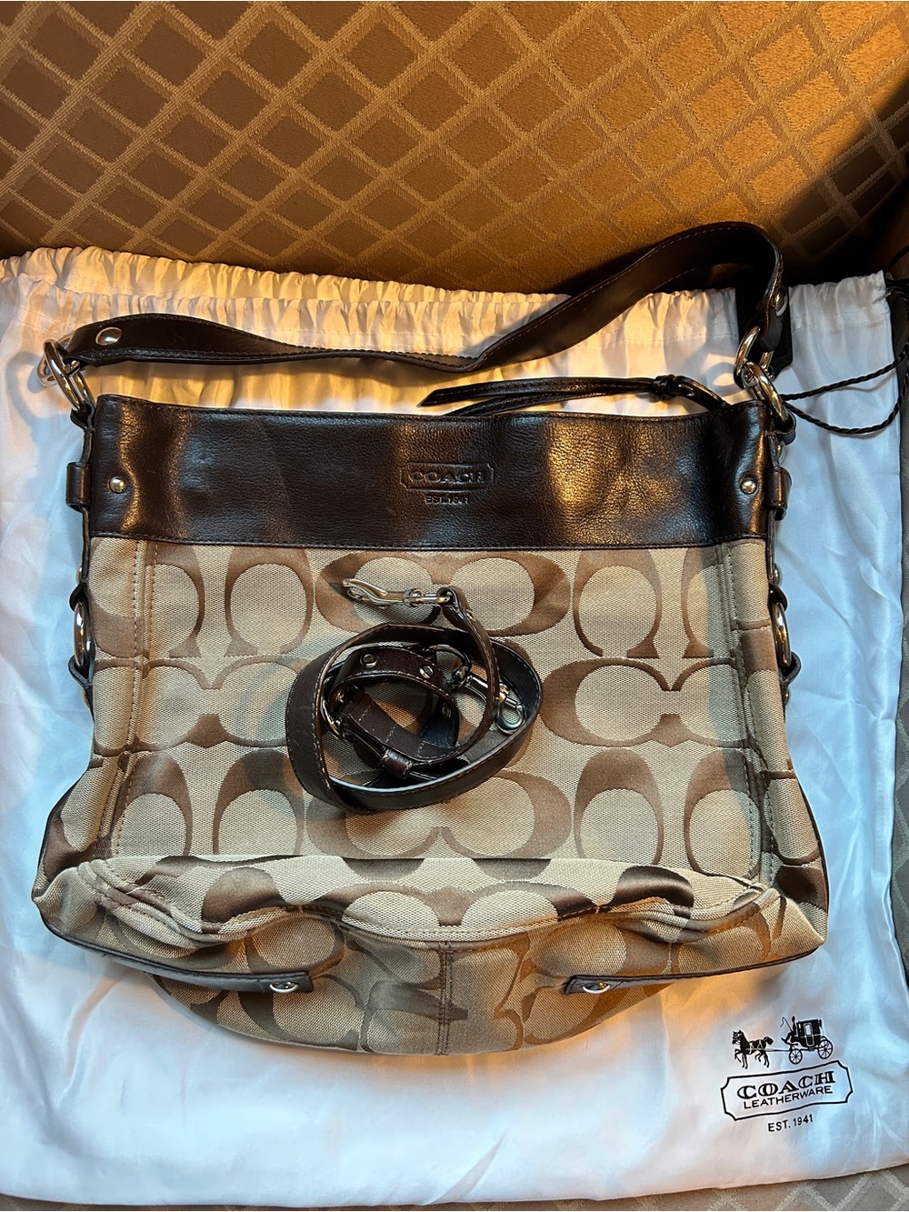 Coach Zoe Brown Signature Canvas Shoulder Bag with Dark Brown Leather Trim